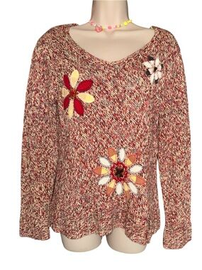 Crazy Horse Collection Multicolor Marled Patchwork Embroidered Knit Sweater
